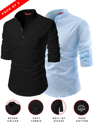 FireFish Men Solid A-line Kurta(Light Blue, Black)