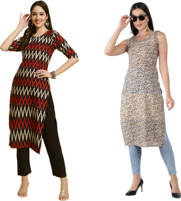 KAUTAQI Women Striped, Printed Straight Kurta(Multicolor)