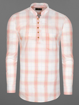 french crown Men Checkered Straight Kurta(White, Pink)