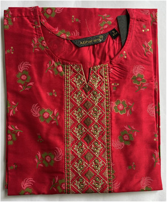 Abharan Women Printed, Embroidered Straight Kurta(Maroon)