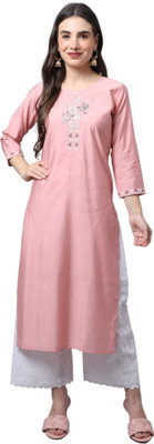 VihaanExim Women Embroidered Straight Kurta(Pink)