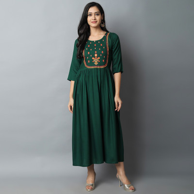 Kriska Women Embroidered A-line Kurta(Green)