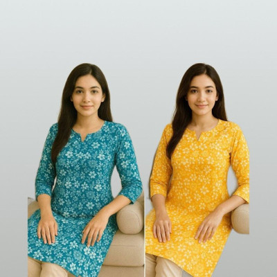 ssf Women Printed Straight Kurta(Blue, Yellow)