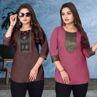 FSR Women Solid, Embroidered A-line Kurta(Multicolor)