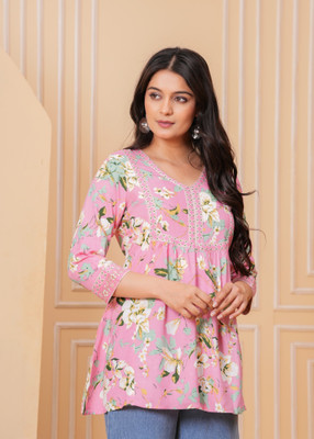 aziino Women Floral Print A-line Kurta(Pink)