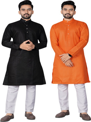 DHASU TRENDZ Men Solid Straight Kurta(Black, Orange)