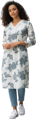 AVVYANIN Women Self Design, Floral Print Straight Kurta(White, Green)