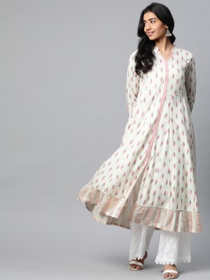 Yash Gallery Women Ikat Anarkali Kurta(White)