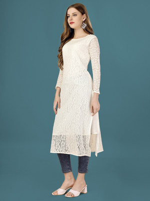 FORKEY Women Self Design A-line Kurta(White)