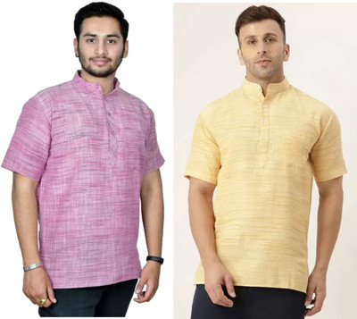 isdfabric Men Self Design Straight Kurta(Black, Yellow)