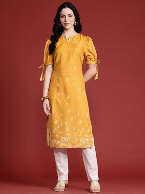 ANOUK Women Checkered Straight Kurta(Yellow)