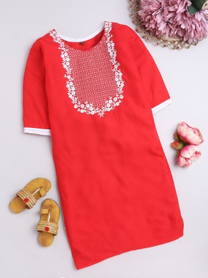 Fourfolds Girls Embroidered A-line Kurta(Red)