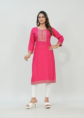 Elvya Women Embroidered Straight Kurta(Pink)