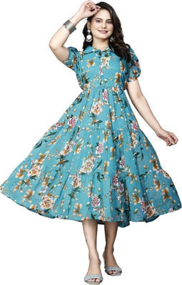 Parth Creation Women Printed Flared Kurta(Light Blue)