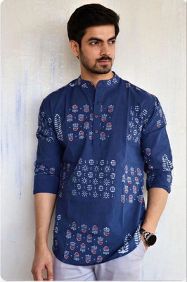 clotheva Men Printed Straight Kurta(Dark Blue)