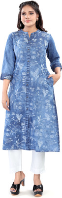 Aprika Women Printed Frontslit Kurta(Blue)