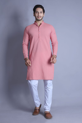 ALMORA Men Self Design A-line Kurta(Pink)