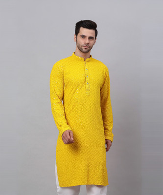 Jompers Men Chikan Embroidery Straight Kurta(Yellow)