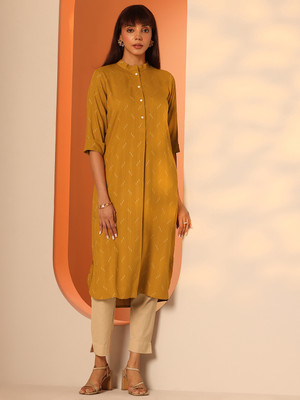 LIBAS Women Woven Design Straight Kurta(Yellow)