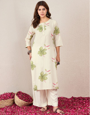 Skylee Women Floral Print, Embellished Straight Kurta(White, Green)