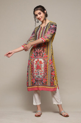 BIBA Women Printed Straight Kurta(Yellow)