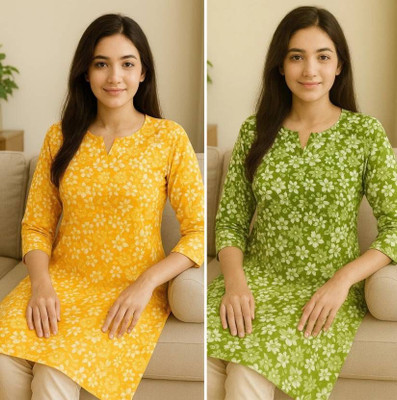ssf Women Printed A-line Kurta(Yellow, Green)