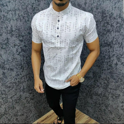 ISUELFAB Men Printed Straight Kurta(White, Grey)