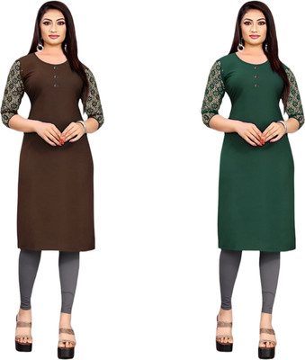 HOFC Women Solid Straight Kurta(Brown, Dark Green)