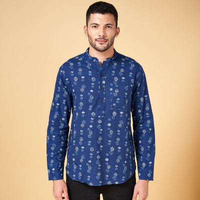 Indus Route by Pantaloons Men Printed A-line Kurta(Dark Blue)