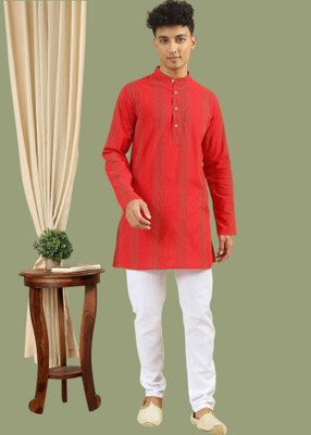 Tattva Men Striped Straight Kurta(Red)