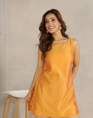 Fabindia Women Embroidered Straight Kurta(Yellow)