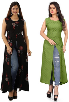 tanvi creation Women Printed Frontslit Kurta(Green)