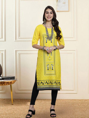 1 Stop Fashion Women Printed A-line Kurta(Yellow)