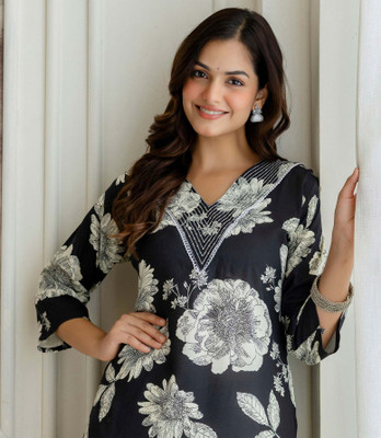 Sehrish Store Women Printed Straight Kurta(Black)