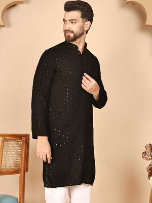 ANOUK Men Embellished Straight Kurta(Black)
