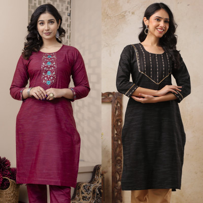 AUZAAI COLLECTION Women Embroidered Straight Kurta(Black, Maroon)