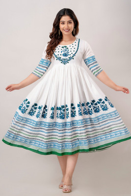 Sakshi Designer Women Printed Anarkali Kurta(White)