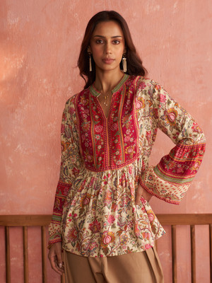 aarke Ritu Kumar Women Floral Print Straight Kurta(White)