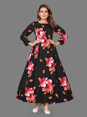 Hiral Creation Women Printed Anarkali Kurta(Black)