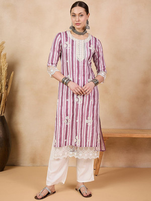ANOUK Women Striped Straight Kurta(Purple)