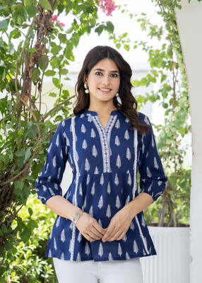 Mishree collection Women Printed Flared Kurta(Blue)