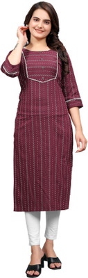 FABTOWN Women Striped Frontslit Kurta(Maroon)