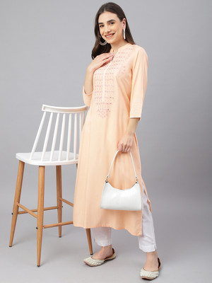 Idalia Women Embroidered Straight Kurta(Orange)
