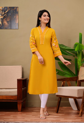 The Style Syndicate Women Embroidered, Floral Print, Embellished Straight Kurta(Yellow)