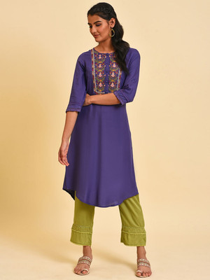 W Women Embroidered A-line Kurta(Purple)