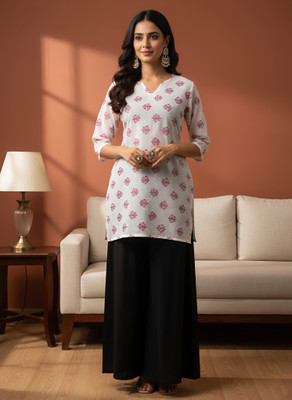 Priti Collection Women Printed, Block Print Straight Kurta(White)