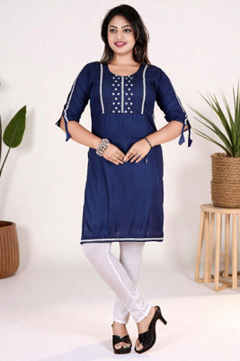 TurningFashion Women Embroidered Straight Kurta(Dark Blue)