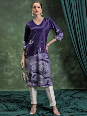 Vishudh Women Printed Straight Kurta(Purple, Grey)