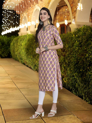 1 Stop Fashion Women Printed A-line Kurta(Beige)
