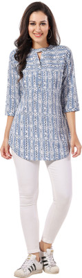 Miraan Women Printed Straight Kurta(Light Blue, White, Dark Blue)